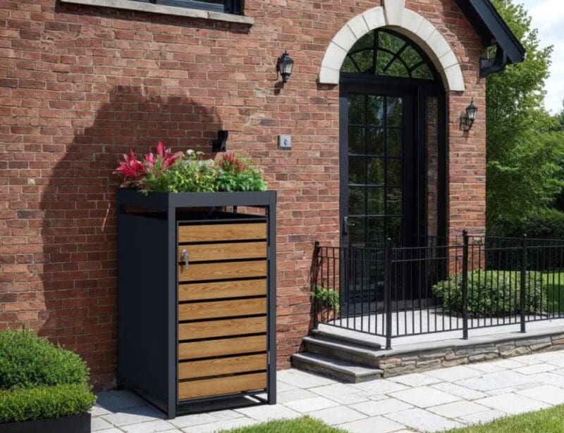 Teak Galvanized Steel Wheelie Bin Cover With Planter Top | Single