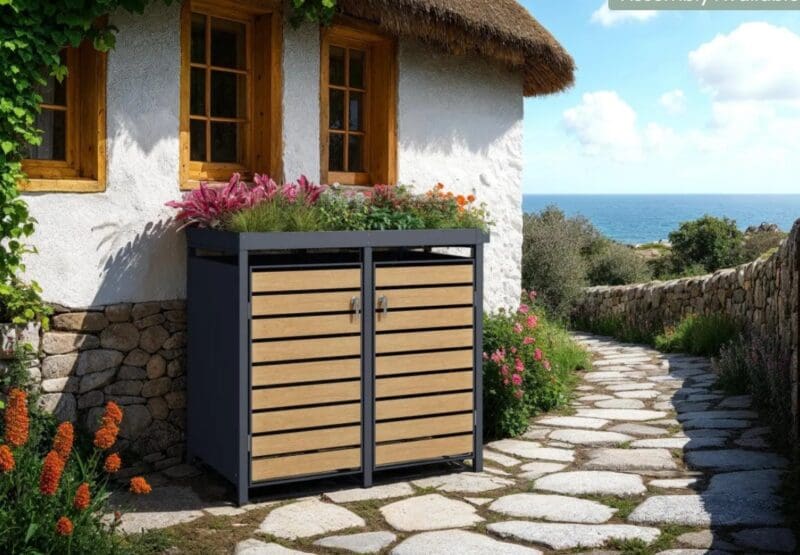 Teak Galvanized Steel Wheelie Bin Cover With Planter Top | Double
