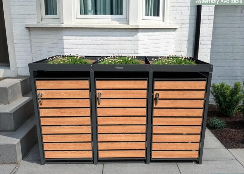 Teak Galvanized Steel Wheelie Bin Cover With Planter Top |Triple