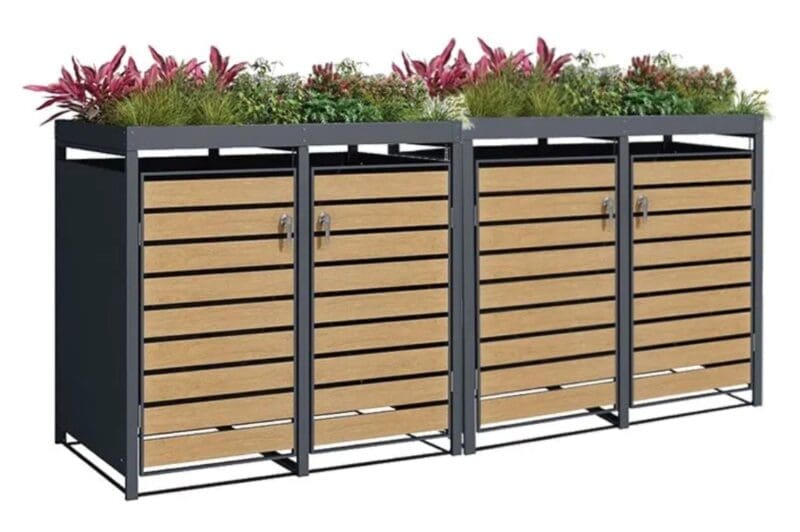 Teak Galvanized Steel Wheelie Bin Cover With Planter Top | Quad